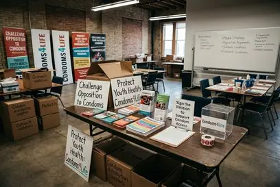 Advocacy campaign signs for a public health outreach event.